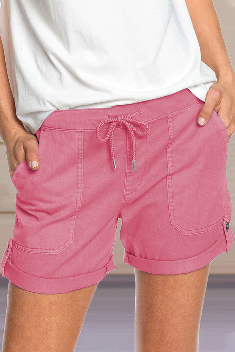 Women's shorts with adjustable waist drawstring and turned up hem