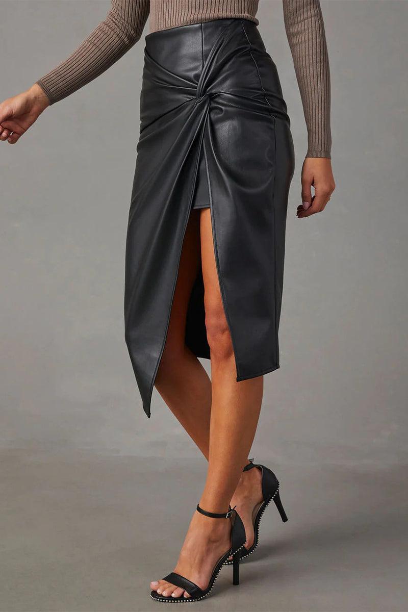 Women's High-Waisted Faux Leather Skirt - Pencil Fit - Ruched Front - High Slit