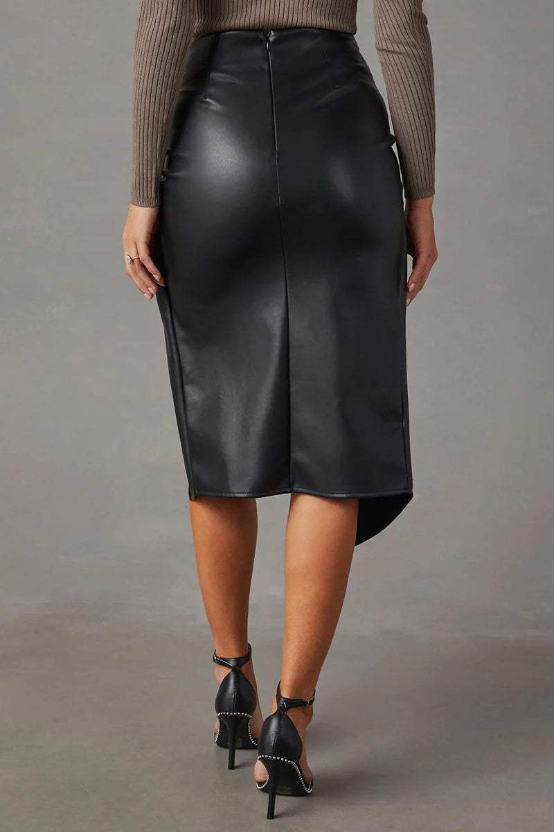 Women's High-Waisted Faux Leather Skirt - Asymmetric Wrap Design - Knotted Waist Midi