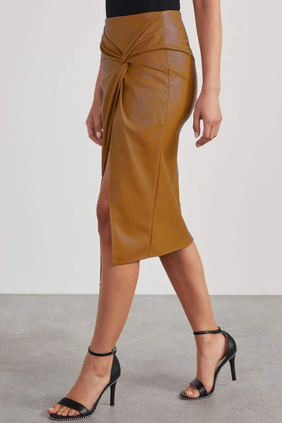 Women's High-Waisted Faux Leather Skirt - Pencil Fit - Ruched Front - High Slit