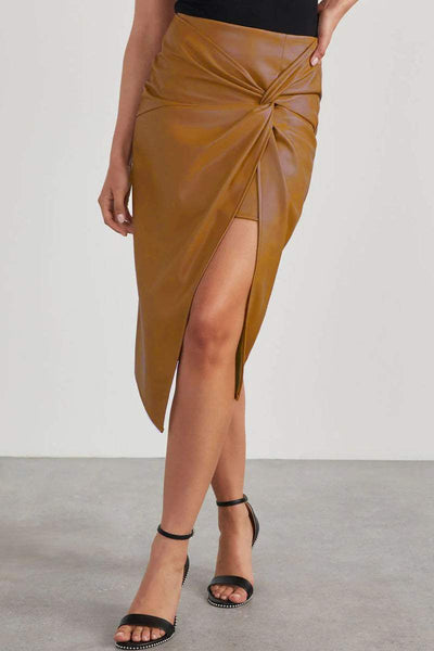 Women's High-Waisted Faux Leather Skirt - Asymmetric Wrap Design - Knotted Waist Midi