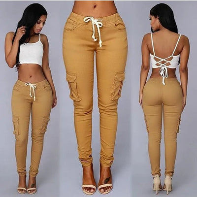 Women's high-waisted cargo pants with drawstring