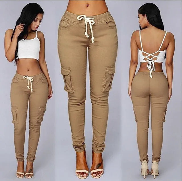 Women's high-waisted cargo pants with drawstring