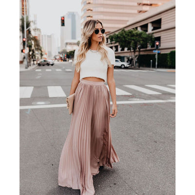 Women's Maxi Skirt - High Waist - Pleated Flowing Design - Elegant Loose Fit