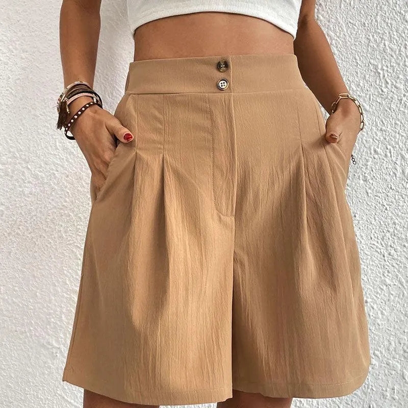 Women's High-Waisted Shorts - Pleated Design - Lightweight Flowy Fabric - Button Front