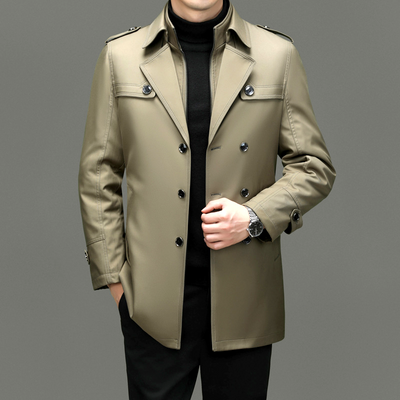 Men’s Trench Coat - Double-Breasted - Notched Lapels - Epaulettes - Buttoned Cuffs