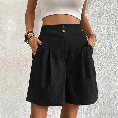 Women's High-Waisted Shorts - Pleated Design - Lightweight Flowy Fabric - Button Front