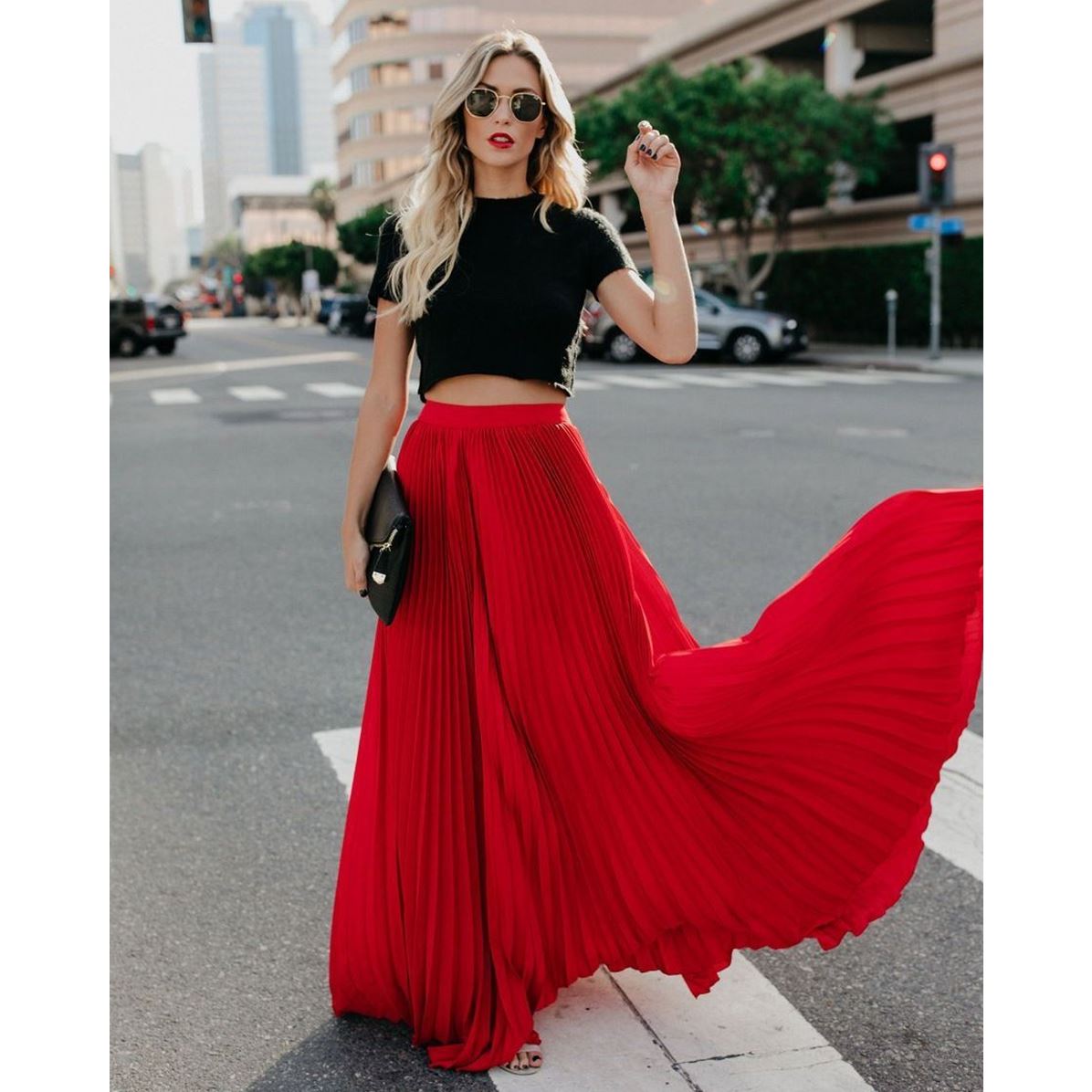 Women's Maxi Skirt - High Waist - Pleated Flowing Design - Elegant Loose Fit