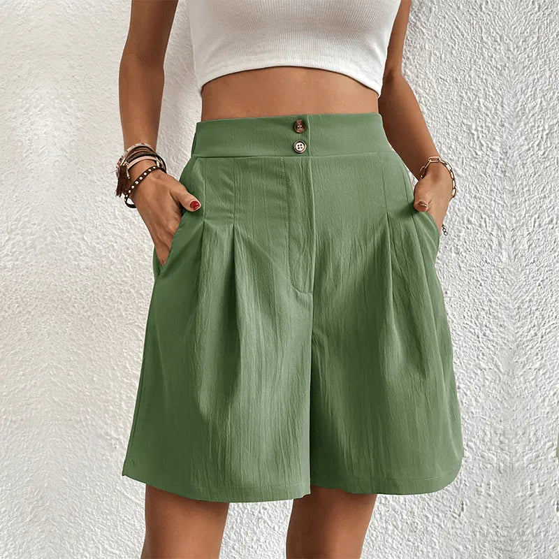 Women's High-Waisted Shorts - Pleated Design - Lightweight Flowy Fabric - Button Front