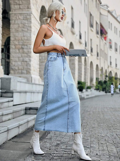 Women's Denim Maxi Skirt - High Waist - Straight Cut - Frayed Hem - Front Pockets