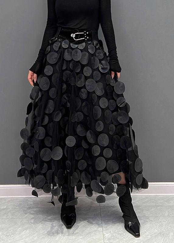 Elegant Tulle Patchwork Skirt for Women - Black Polka Dot Midi