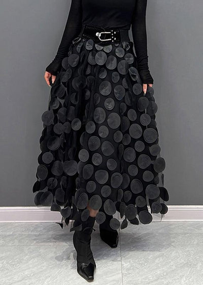 Elegant Tulle Patchwork Skirt for Women - Black Polka Dot Midi