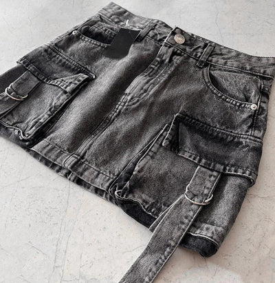 Women's A-Line Denim Mini Skirt with Multi-Pocket Design