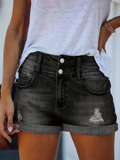 Women's Denim Shorts - High Waist - Cuffed Hem - Distressed Casual Fit