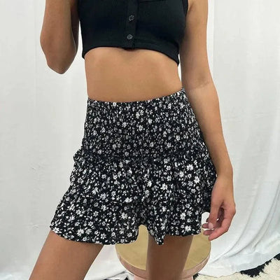 Women's Mini Skirt - High Waist Elastic - Lightweight Flowy Ruffle Hem - Boho Style