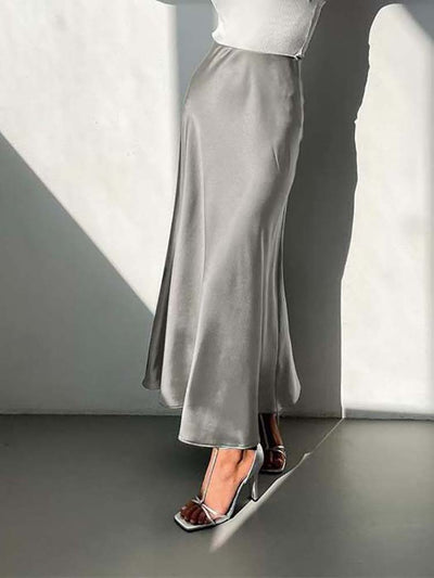 Women's Satin Midi Skirt - Elegant Flowing A-Line - Smooth Glossy Finish