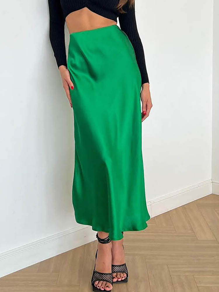 Women's Satin Midi Skirt - Elegant Flowing A-Line - Smooth Glossy Finish