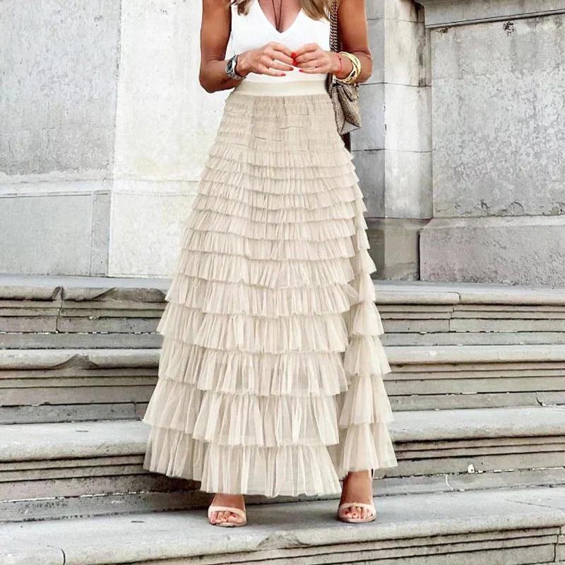 Elegant Pleated Mesh Midi Skirt for Women with Ruffle Detail