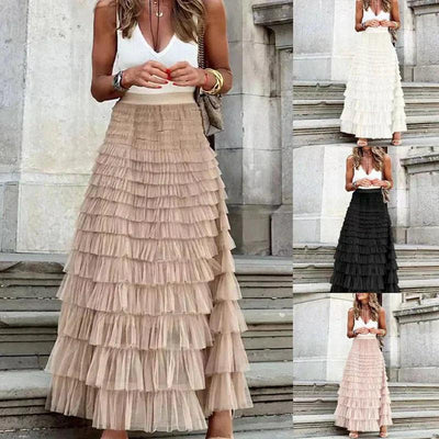 Elegant Pleated Mesh Midi Skirt for Women with Ruffle Detail