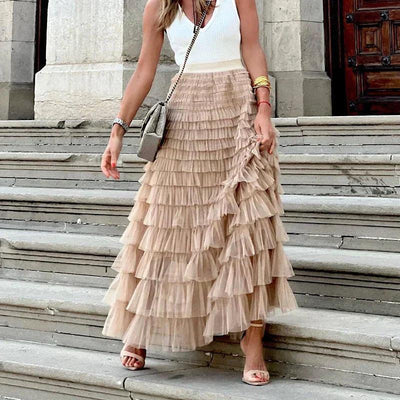 Elegant Pleated Mesh Midi Skirt for Women with Ruffle Detail