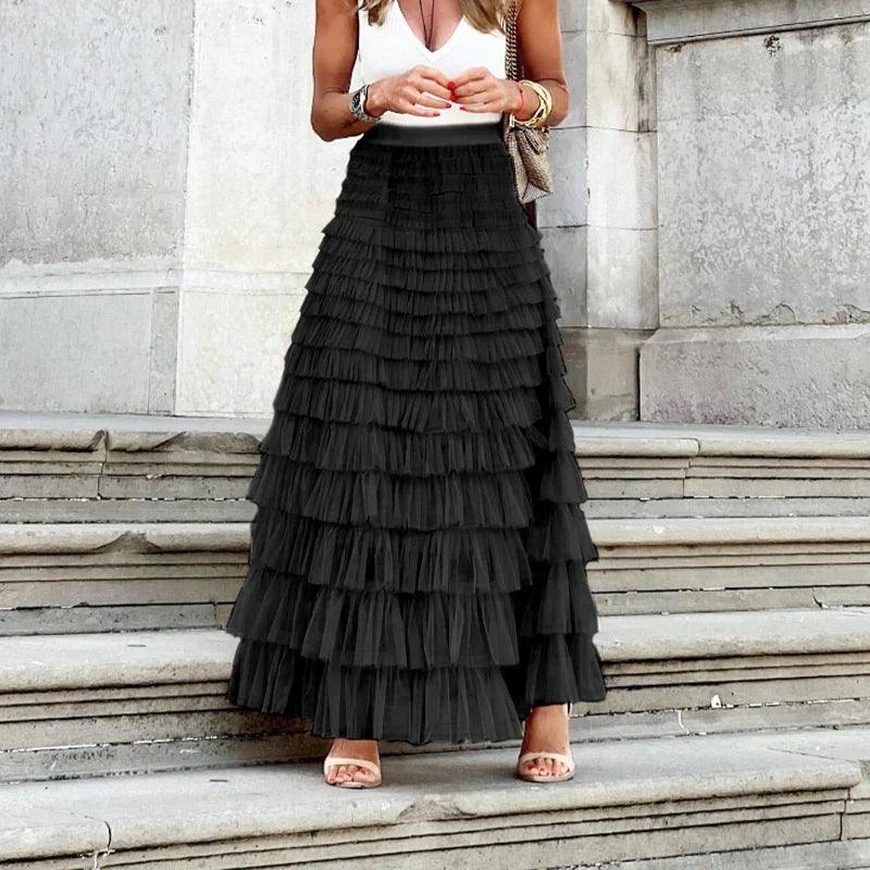 Elegant Pleated Mesh Midi Skirt for Women with Ruffle Detail