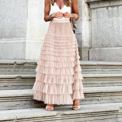 Elegant Pleated Mesh Midi Skirt for Women with Ruffle Detail