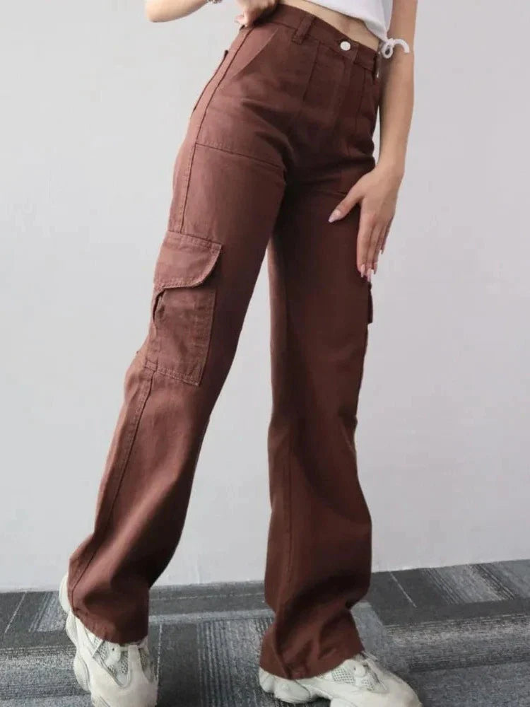 Women's vintage high waist cargo pants with straight legs