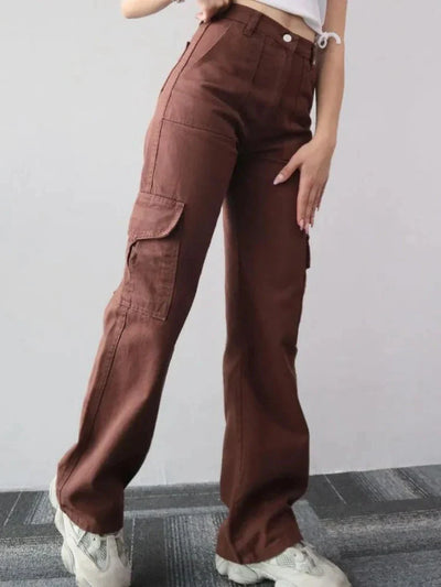 Women's vintage high waist cargo pants with straight legs