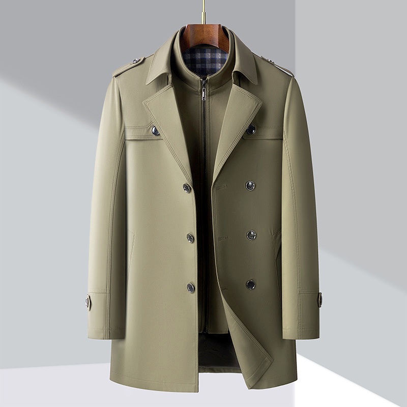 Men’s Trench Coat - Double-Breasted - Notched Lapels - Epaulettes - Buttoned Cuffs