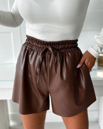 Women's Shorts - Faux Leather - High Waist Elastic Drawstring - Relaxed Fit