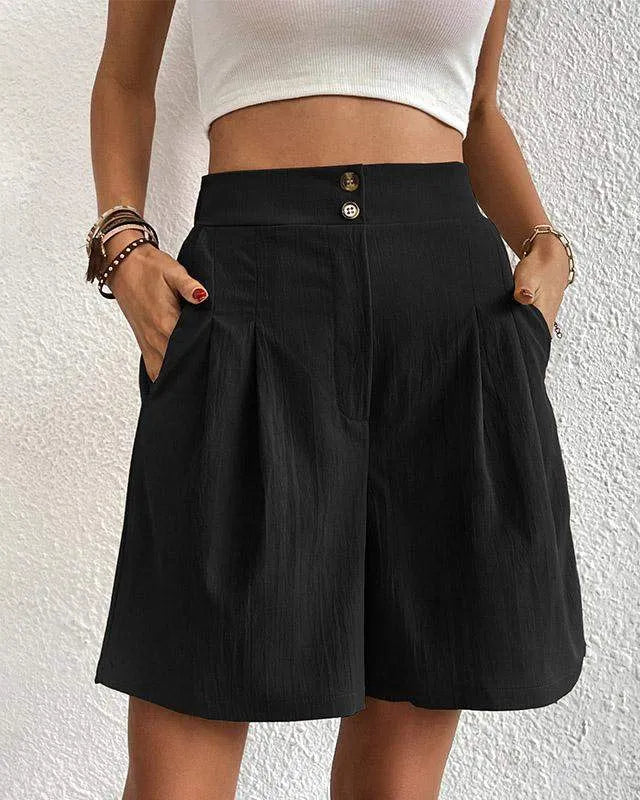 Women's High-Waisted Shorts - Tailored Fit - Front Pleats - Button Closure - With Pockets