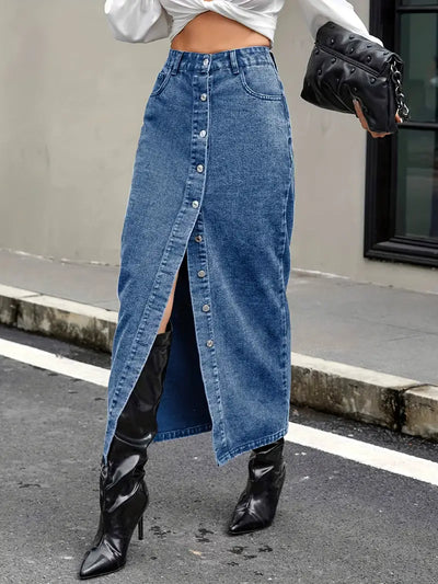 Women's Denim Midi Skirt - High Waist - Button-Down Front - Front Slit - Five Pockets