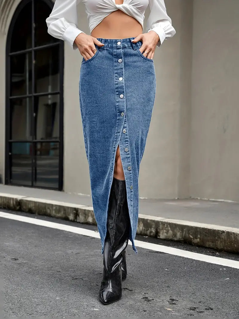 Women's Denim Midi Skirt - High Waist - Button-Down Front - Front Slit - Five Pockets