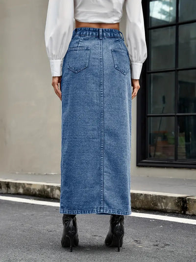 Women's Denim Midi Skirt - High Waist - Button-Down Front - Front Slit - Five Pockets